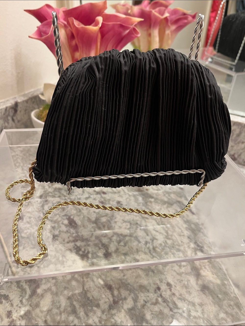 Loeffler Randall Black Pleated Mini Crossbody with Gold Chain